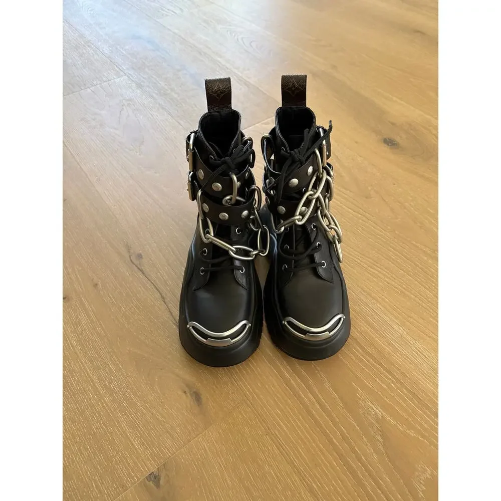 Louis Vuitton Leather Studded Accents Combat Boots w Chains Size 37 Black Silver